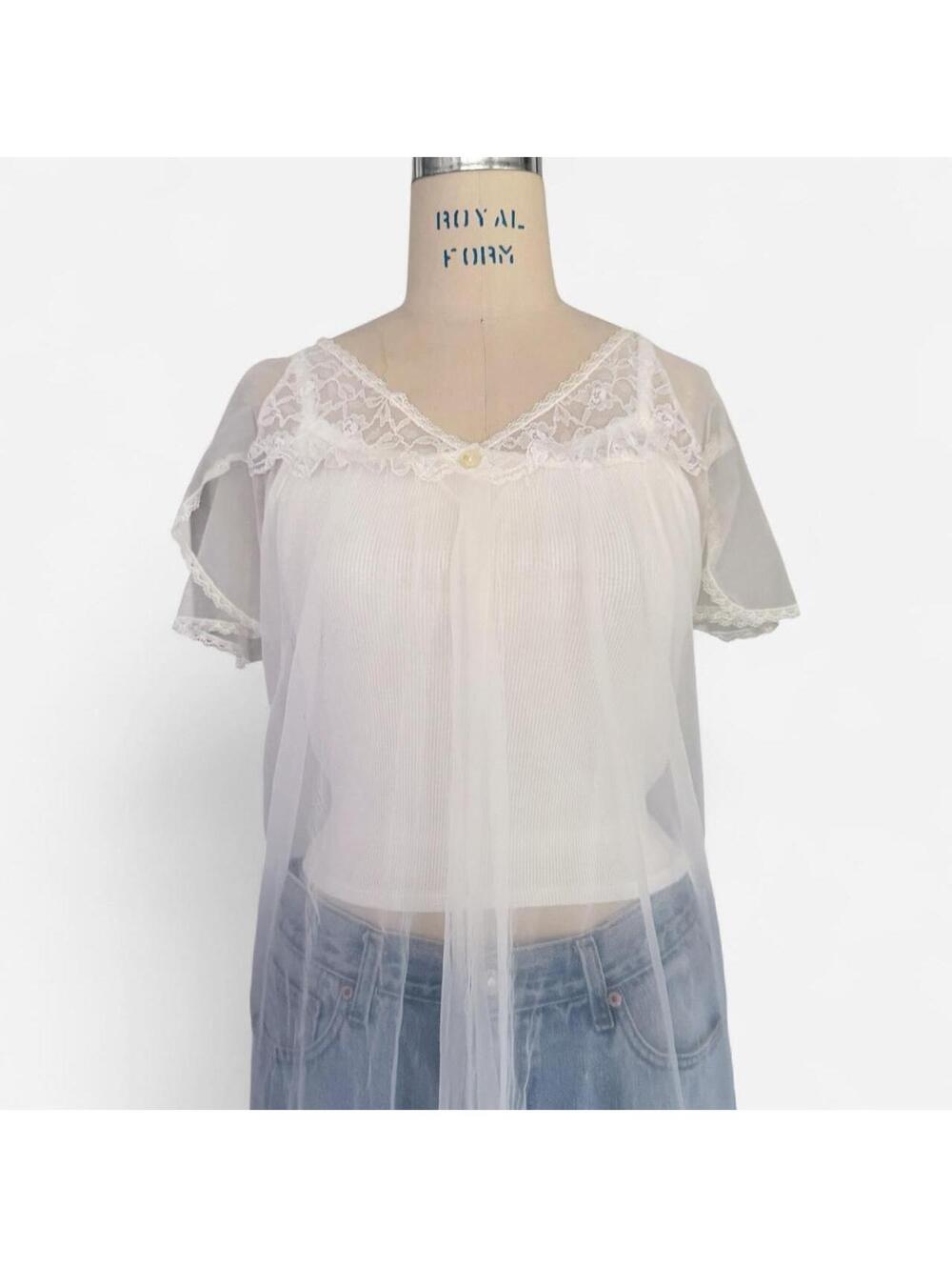 Vintage 90s White Sheer Chiffon Lace Trim Tie Front Babydoll Blouse Top Coquette